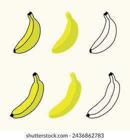 Set of banana flat vector illustrations. Cartoon style and outline icons for web. Modern abstract design for paper, fabric and background. 