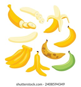 Set of banana fruit, various banana fruits flat icon set with Ripe Banana Slices, bunch, banana peel, unripe, overripe, cartoon exotic natural dessert isolated vector illustration collection.