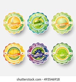 Set of banana, green apple, melon, cantaloupe, pineapple, blueberry, lime, juice,smoothie, milk, cocktail and fresh labels splash. sticker, advertisement concept vector illustration.