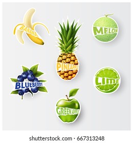 Set of banana, green apple, melon, cantaloupe, pineapple, blueberry, lime, juice,smoothie, milk, cocktail and fresh labels splash. sticker, advertisement concept vector illustration