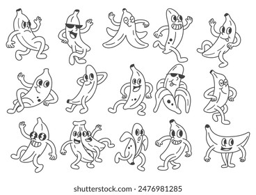 Set of Banana Groovy Cartoon Doodle Line Art