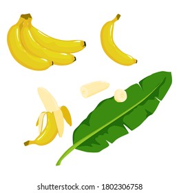 Set of banana with half isolated on white background with clipping path full depth of field and leaf.