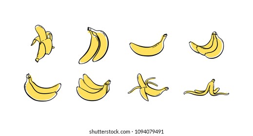 Set of banana hand drawn icon illustration vector Sketch colored collections