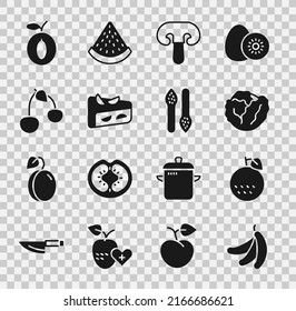 Set Banana, Orange fruit, Cabbage, Mushroom, Homemade pie, Cherry, Plum and Asparagus icon. Vector