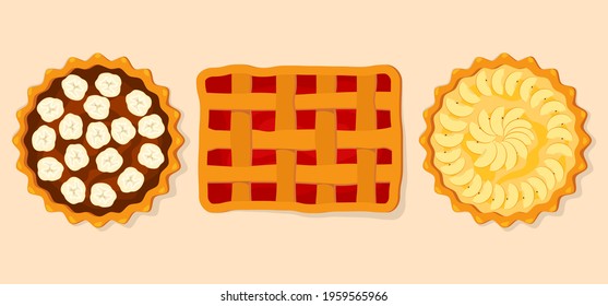 Set of banana, raspberry and apple pies in the top view.Delicious and appetizing pastries.Apple pie,Bananas, apples and raspberries.Delicious and pleasant illustrations in the cardboard style.