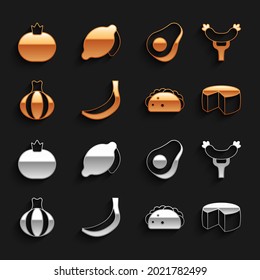Set Banana, Sausage on the fork, Cheese, Taco with tortilla, Onion, Avocado fruit, Tomato and Lemon icon. Vector