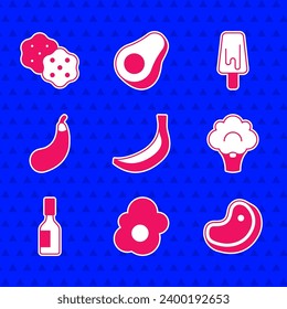 Banana, Scrambled Ei, Steak Fleisch, Broccoli, Tabasco-Sauce, Eggplant, Eis Creme und Cracker Keks Symbol. Vektorgrafik