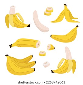 Set of bananas. Collection of graphic elements for website. Fruits and vitamins, healthy, natural and organic product, whole and slices. Cartoon flat vector illustrations isolated on white background