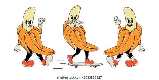 Set of bananas in different modern trendy poses. Faces and expressions. Vector illustration. Isolated. Vibrant color icon. Stickers pack. Retro funky fun cute design. Summer juicy style. Y2k elements