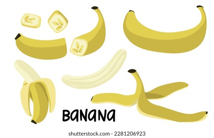 A set of bananas in different versions is whole and in section. Bananas chopped, half. Peel the banana, yellow fruit. Tropical fruits, banana snacks or vegetarian meals. Icon set isolated vector