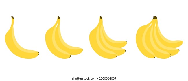 Set of bananas flat vector illustration. Fresh sweet yellow fruit. Banana bunch on white background. Ripe tropical food. 