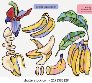 Set of Bananas fruit, leaves and flowers. Hand Drawn Isolated Vector illustration. Paper cut shapes, linear watercolour - like graphic. For banana food packaging, cosmetic branding, textile design