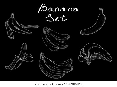 Set of bananas, in graphic style with dots, white outline isolated on black background, stock vector illustration for design and decoration, prints, sticker, menu