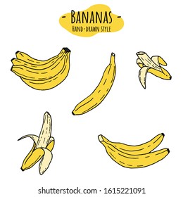 Set of bananas icons. Vector cartoon illustrations. Isolated objects on a white background. Hand-drawn style.