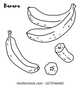 Set of bananas icons. Vector cartoon illustrations. Isolated objects on a white background. Hand-drawn style.