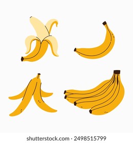Set of bananas, peeled banana, bunch of bananas. Vector graphics.