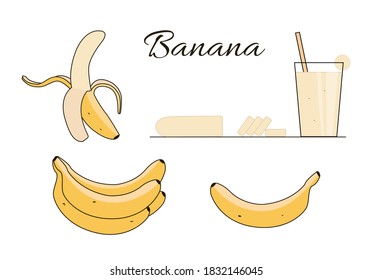 Set of bananas, peeled banana, banana cocktail on a white background. Vector illustration
