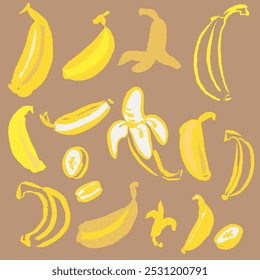 A set of bananas and slices, hand draw, doodle outline, free hand