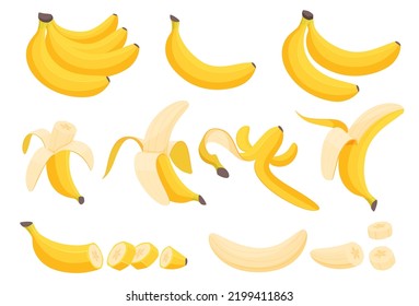 Conjunto de bananas. Frutas tropicales amarillas. Pelado, cortado, cáscara de plátano. Ilustración del vector