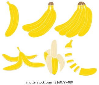 Set of bananas whole and sliced and bunch in clipart style isolated on white background. Vector illustration.