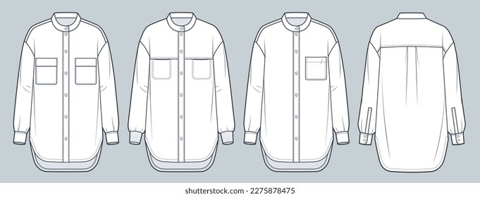 Set of Band Collar Shirts technical fashion Illustration. Button-up Shirt fashion flat technical drawing template, cuffed long sleeves, front and back view, white, women, men, unisex CAD mock-up set.