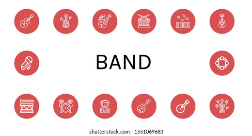 Set of band icons. Such as Guitar, Saxophone, Drum, Acoustic guitar, Drum set, Punk, Electric guitar, Bass Karaoke, Tambourine , band icons