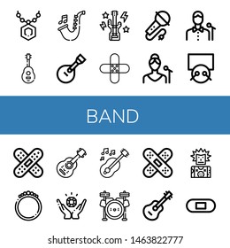 Set of band icons such as Pendant, Guitar, Saxophone, Bass guitar, Band aid, Karaoke, Singer, Drums, Bracelet, Acoustic guitar, Jewelry, Drum set, Punk, Plaster , band