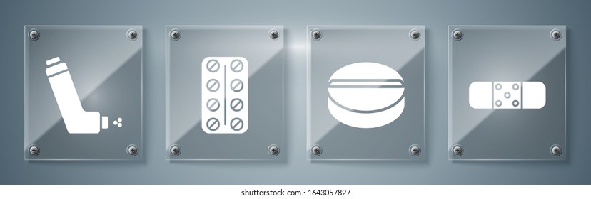 Set Bandage plaster, Medicine pill or tablet, Pills in blister pack and Inhaler. Square glass panels. Vector