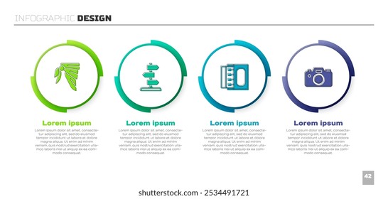 Set Bandana or biker scarf, Road traffic sign, Matchbox matches and Photo camera. Business infographic template. Vector