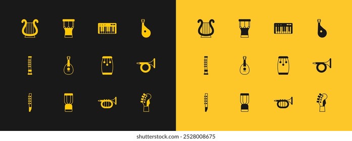 Set Bandura, African djembe drum, Conga drums, Trumpet, Mandolin, Music synthesizer, Ancient Greek lyre and percussion icon. Vector