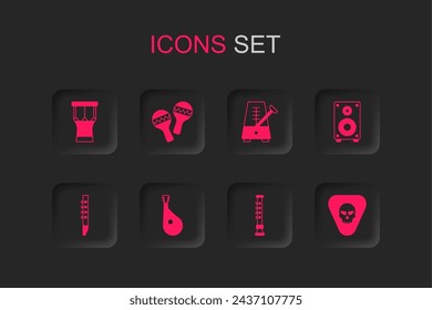 Set Bandura, Maracas, African percussion drum, Flute, Stereo speaker, Guitar pick, Metronome with pendulum and  icon. Vector