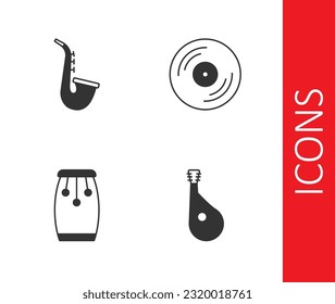 Set Bandura, Saxophone, Conga drums and Vinyl disk icon. Vector