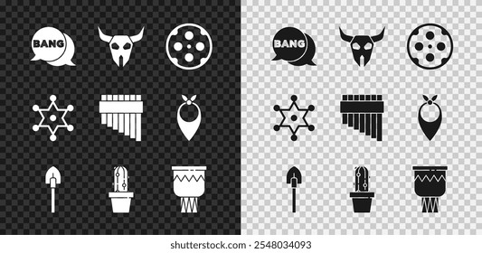 Set Bang-Boom, Pistole Comic, Buffalo Totenkopf, Revolver Zylinder, Schaufel, Kaktus Peyote Topf, Trommel, Hexagram Sheriff und Pan Flöte Symbol. Vektorgrafik