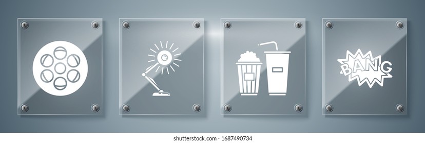 Set Bang boom text speech bubble balloon , Popcorn and soda drink glass, Table lamp  and Film reel . Square glass panels. Vector