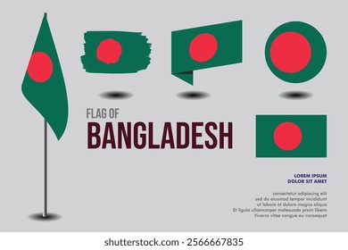 Set of Bangladesh flag in 5 designs: flag on pole, brush stroke, skew, round and standard. vector, flat, isolated on grey background