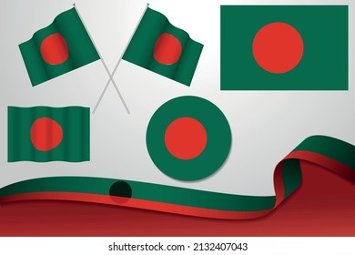 Set Of Bangladesh Flags In Different Designs Icon Flaying Flags With ribbon With Background.