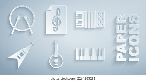 Set Banjo, Accordion, Electric bass guitar, Music synthesizer, Treble clef and Drum and drum sticks icon. Vector