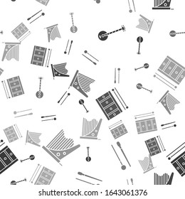 Set Banjo, Drum sticks, Drum with drum sticks and Harp on seamless pattern. Vector