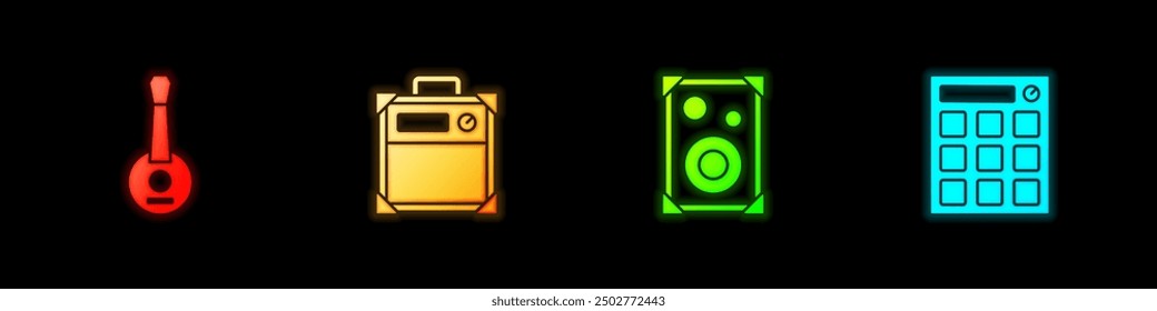 Set Banjo, Guitar amplifier, Stereo speaker and Drum machine icon. Vector