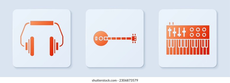Set Banjo, Headphones and Music synthesizer. White square button. Vector