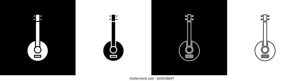 Set Banjo icon isolated on black and white background. Musical instrument.  Vector Illustration