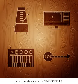Set Banjo, Metronome with pendulum in motion, Music synthesizer and Video recorder or editor software on monitor on wooden background. Vector