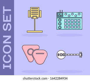 Set Banjo, Music stand, Guitar pick and Drum machine icon. Vector