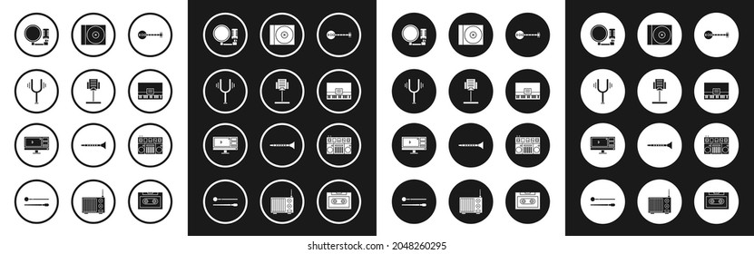 Set Banjo, Music stand, Musical tuning fork, Microphone, Piano, CD DVD disk, DJ remote playing mixing music and Video recorder editor software monitor icon. Vector