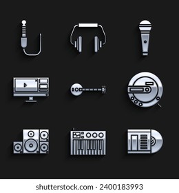 Set Banjo, Music synthesizer, Vinyl disk, CD player, Stereo speaker, Video recorder or editor software on monitor, Microphone and Audio jack icon. Vector
