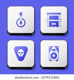 Set Banjo, Piano, Guitar pick and Stereo speaker icon. White square button. Vector