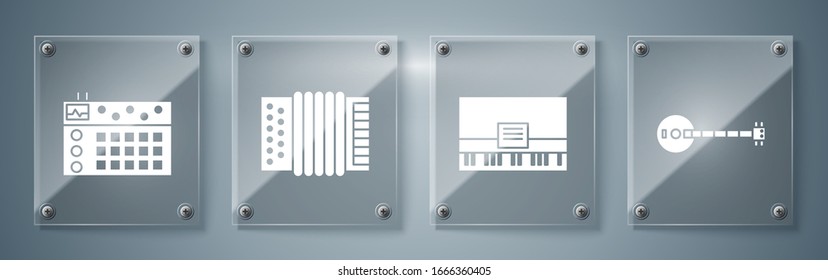 Set Banjo, Piano, Musical instrument accordion and Drum machine. Square glass panels. Vector