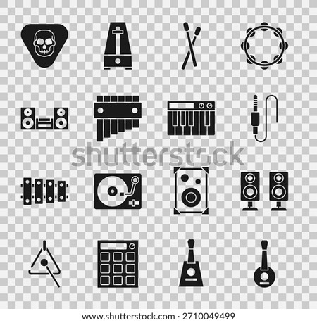 Set Banjo, Stereo speaker, Audio jack, Drum sticks, Pan flute, Home stereo, Guitar pick and Music synthesizer icon. Vector