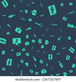 Set Banjo, Treble clef, Music note, tone and Microphone on seamless pattern. Vector