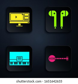 Set Banjo, Video recorder or editor software on monitor, Piano and Air headphones. Black square button. Vector